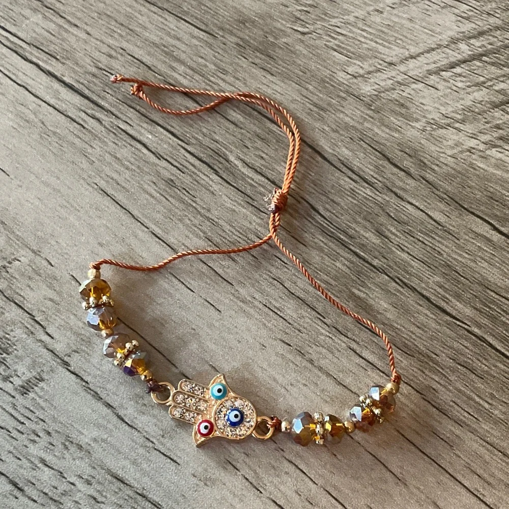 Gold Hamsa Charm Kids Bracelet with Amber Beads